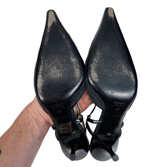 Prada Vintage Y2K Black Tweed Patent Leather Pointed Toe Slingback Kitten Heels - Picture 5 of 7